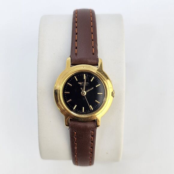 VTG Seiko Watch Women 22MM Black Dial New Brown Leather Bands Up to 6.5" Battery - Picture 1 of 16